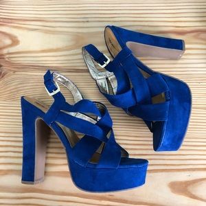 Blue Faux Suede Heels ; platform chunky heels